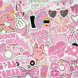 20 pegatinas en tonos rosa. Bonitos tonos rosa, animales, comida, belleza, texto positivo para agendas, diarios, bujo, decoración de Kindle, portátil o teléfono.