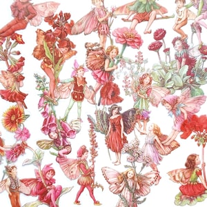 Lot de 10 grands autocollants de fées magiques. Stickers transparents fées fleurs rouges vintage. Agenda fées nature mystique, Kindle, pack de scrapbooking 7-10 cm