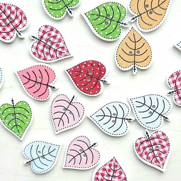 20 x button leaves, wooden leaf buttons for sewing, knitting and crochet crafts, hand making gifts, clothing/bags and decorations. From UK