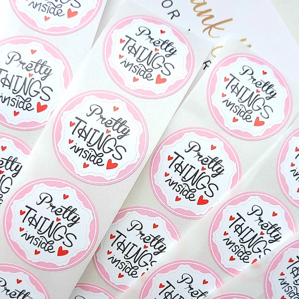 30 pink seller stickers.  Pretty things inside text for packing, wrapping, card making. Hearts and text. Ships from UK free uk delivery 1"