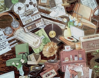 20 Retro Music Studio Stickers.  1970s Style, Scrapbook & Planner Set