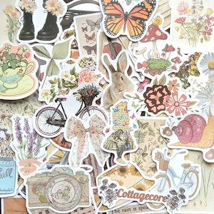 Paquete de 20 pegatinas de jardín de cabañas. Libros bohemios, flores, mascotas, instrumentos, tazas de té, bicicletas, jardín natural. Pegatinas vintage para scrapbooking bohemio