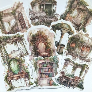 10 pegatinas vintage de Mansión. Pegatinas de papel washi con plantas de interior y enredaderas para scrapbooking, agendas, diarios bujo y manualidades.