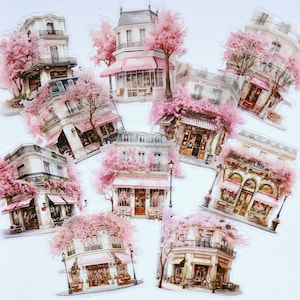 10 pegatinas de cafetería rosa. Árboles de cerezo en flor de primavera, para bujo, scrapbooking, diarios, agendas y manualidades.
