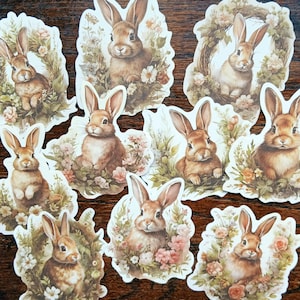 10 pegatinas vintage de conejos. Lindo paquete de pegatinas de papel con forma de conejito para diarios, álbumes de recortes, decoración de Kindle y manualidades.