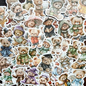 20 stickers ours bohèmes. Mignons ours en peluche vintage dans des vêtements, pack d'autocollants rétro pour scrapbooking, bujo, travaux manuels, ordinateur portable, Kindle et décoration de téléphone