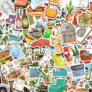 20 stickers de la vie quotidienne. Maison, meubles, jardin, plantes, nourriture, bâtiments et plus d'autocollants pour travaux manuels, agendas, journaux, albums de coupures.