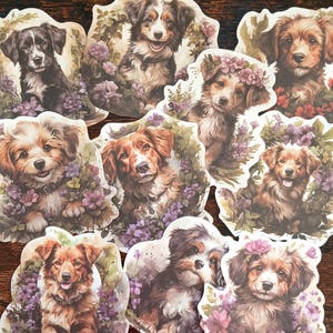 10 pegatinas de perros y cachorros adorables. Paquete grande de pegatinas florales de mascotas para scrapbooking, agendas, bujo, manualidades para diarios o regalos para mamás perrunas.