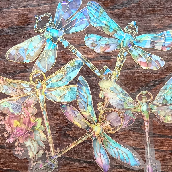 5 large Dragonfly insect stickers. Clear cello hologram dragonflies sticker pack. Wildlife, nature insects lover planner, journal set. UK