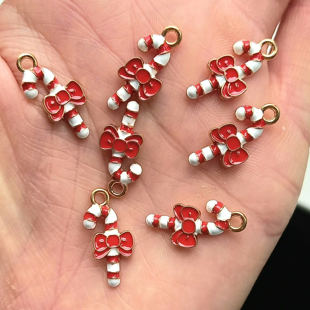 10 Enamel Festive Candy Cane Charms. Red and White. Christmas