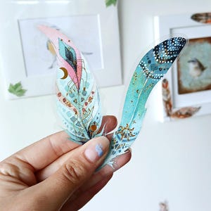 5 pegatinas de plumas turquesas: calcomanías de pájaros místicos dorados, juego de calcomanías de bruja hippie para álbumes de recortes