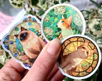 20 pegatinas de gatos adorables: kit de manualidades con vidrieras, gatitos de dibujos animados y flores.