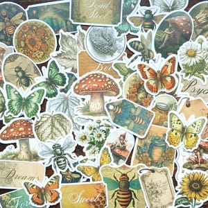 20 pegatinas vintage bohemias. Paquete de pegatinas de insectos, plantas, hongos, abejas y fauna silvestre para bujo journaling, scrapbooking y manualidades.