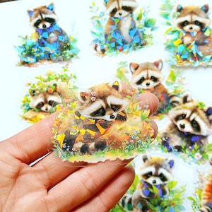 10 pegatinas grandes de mapache. Bonitos animales holográficos con flores primaverales para collages, scrapbooking, agendas, manualidades, decoración de frascos.