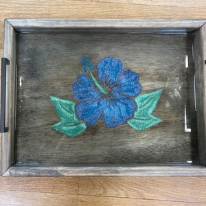 Purple and blue Hawaiian flower Serving tray. Pod safe and liquid safe! Can be customed with your choice of colors!