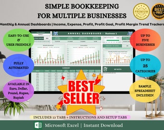 Simple Bookkeeping Template for Small Business, Monthly Annual Profit and Loss Trackers, Profit Margin Excel Bookkeeping, Easy Bookkeeping