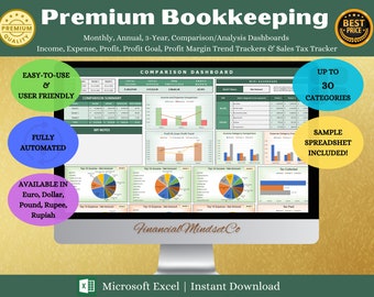Small Business Bookkeeping Excel Spreadsheet, Income Expense Tracker, All-in-one Bookkeeping Template, Enhanced Bookkeeping, Excel Dashboard