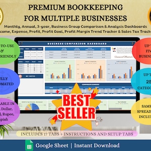 Puede incluir: Un producto digital para la contabilidad de empresas, que incluye una plantilla de Google Sheet con 17 pestañas. La plantilla incluye paneles para comparaciones de grupos de empresas mensuales, anuales y de 3 años, ingresos, gastos, ganancias, objetivo de ganancias, seguimiento de la tendencia del margen de ganancias e impuestos sobre las ventas. La imagen también incluye el texto "Best Seller" y "Includes 17 tabs + instructions and setup tabs".