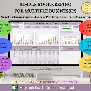 May include: A computer screen displaying a spreadsheet template for bookkeeping. The template is designed for multiple businesses and includes monthly and annual dashboards, income, expense, profit, profit goal, and profit margin trend trackers. The template is available in multiple currencies, including Euro, Dollar, Pound, Rupee, and Rupiah. The template is fully automated and includes 13 tabs, instructions, and setup tabs. The template is available for instant download in Microsoft Excel.