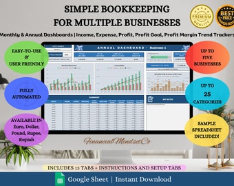 Simple Bookkeeping Google Sheet Template for Multiple Business, Monthly Annual Profit and Loss Tracker Finance Income Expense Spreadsheet