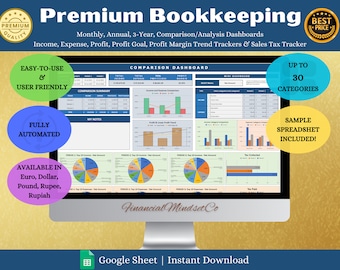 Bookkeeping  Google Sheet Template for Small Business, Monthly Annual Profit Income Expense Tracker, Premium Business Bookkeeping Planner
