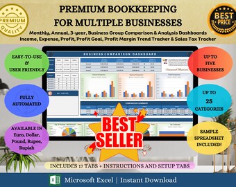 Premium Buchhaltungsvorlage Excel-Arbeitsblatt für die Buchhaltung mehrerer Unternehmen, monatliches Jahresgewinn- und Verlust-Dashboard, Umsatzsteuer-Vorlage