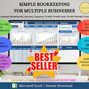Puede incluir: Una pantalla de ordenador muestra una hoja de cálculo de Microsoft Excel para contabilidad, con el texto "SIMPLE BOOKKEEPING FOR MULTIPLE BUSINESSES." Incluye paneles mensuales y anuales, hasta 25 categorías y una hoja de cálculo de muestra. Disponible en varias divisas.