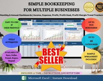 May include: A computer screen displays a Microsoft Excel spreadsheet for bookkeeping, with the text "SIMPLE BOOKKEEPING FOR MULTIPLE BUSINESSES." Features include monthly and annual dashboards, up to 25 categories, and a sample spreadsheet. The product is available in multiple currencies.