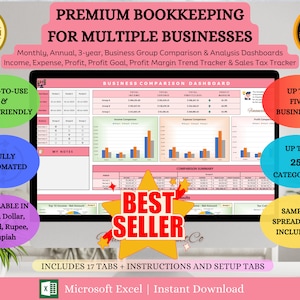 Ultimate Bookkeeping Template for Multiple Business, Premium Monthly Annual Profit and Loss Trackers Sheet, Sales Tracker Excel Bookkeeping