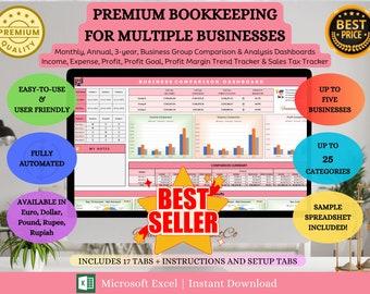 Ultimate Bookkeeping Template for Multiple Business, Premium Monthly Annual Profit and Loss Trackers Sheet, Sales Tracker Excel Bookkeeping