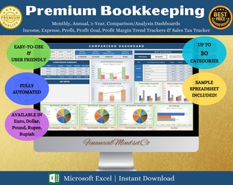 Bookkeeping Template for Small Business, Monthly Annual Profit Sales Tax Tracker, Bookkeeping Excel Spreadsheet,Business Bookkeeping Planner
