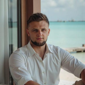 May include: A man with a beard and short brown hair is wearing a white button-down shirt and khaki pants. He is standing in front of a window with a view of the ocean.