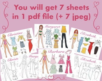 6 Printable Paper doll Dress Up with clothes - Digital PDF, dress up cut out doll, busy book activity, fashion girl template