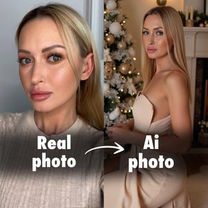 May include: A comparison of two photos of a woman, one with natural lighting and the other with artificial lighting. The photo on the left shows the woman with a natural, unedited look. The photo on the right shows the woman with a more polished, airbrushed look. The text "Real photo" is below the left photo and the text "Ai photo" is below the right photo.