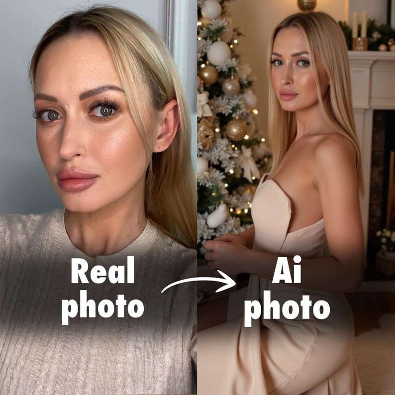 May include: A comparison of two photos of a woman, one with natural lighting and the other with artificial lighting. The photo on the left shows the woman with a natural, unedited look. The photo on the right shows the woman with a more polished, airbrushed look. The text "Real photo" is below the left photo and the text "Ai photo" is below the right photo.