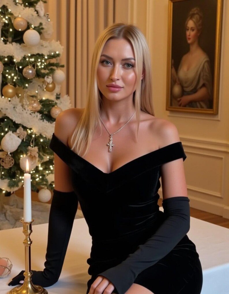 May include: A woman wearing a black off-the-shoulder velvet dress with long black gloves. She is wearing a silver necklace with a cross pendant. She is sitting in front of a Christmas tree and a candle.