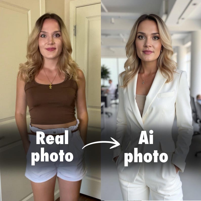 May include: A side-by-side comparison of two photos of the same person. The photo on the left shows the person wearing a brown tank top and white shorts. The photo on the right shows the person wearing a white blazer and white pants. The text "Real photo" is below the left photo and the text "Ai photo" is below the right photo.
