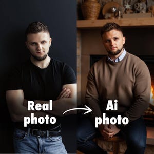 May include: A side-by-side comparison of two photos of a person. The photo on the left is labeled "Real photo" and shows a person wearing a black t-shirt and blue jeans. The photo on the right is labeled "Ai photo" and shows a person wearing a brown sweater and blue jeans.