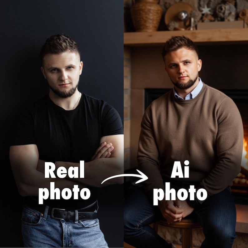 May include: A side-by-side comparison of two photos of a person. The photo on the left is labeled "Real photo" and shows a person wearing a black t-shirt and blue jeans. The photo on the right is labeled "Ai photo" and shows a person wearing a brown sweater and blue jeans.