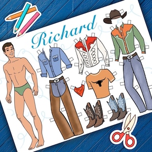 6 fogli di carta stampabile con bambola Ken da vestire con vestiti - PDF digitale, bambola da ritagliare da vestire, attività di libro impegnativo, ragazzo alla moda, IrenDolls
