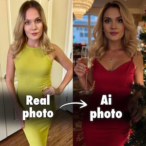 May include: A side-by-side comparison of two photos of a woman. The photo on the left shows the woman wearing a yellow dress. The photo on the right shows the woman wearing a red dress and holding a glass of champagne. The text "Real photo" is below the left photo and the text "Ai photo" is below the right photo.