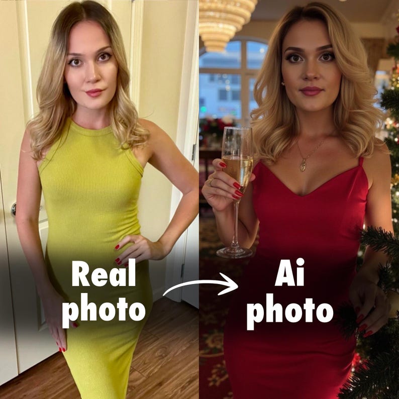 May include: A side-by-side comparison of two photos of a woman. The photo on the left shows the woman wearing a yellow dress. The photo on the right shows the woman wearing a red dress and holding a glass of champagne. The text "Real photo" is below the left photo and the text "Ai photo" is below the right photo.