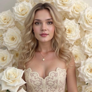 May include: A woman with long blonde hair wearing a white lace corset top and a gold necklace with a pendant. She is standing in front of a wall of white roses.