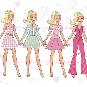 6 druckbare Papierpuppen zum Anziehen mit Kleidung - Digitales PDF, ausgeschnittene Anziehpuppe, geschäftige Buchaktivität, Vorlage für Modemädchen