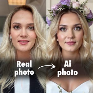 May include: A side-by-side comparison of two photos of a person. The photo on the left shows the person with natural makeup and hair. The photo on the right shows the person with more dramatic makeup and a flower crown. The text "Real photo" is below the left photo and "Ai photo" is below the right photo.