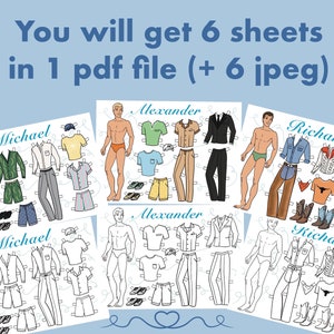 6 druckbare Papierpuppen Ken Dress Up mit Kleidung - Digitales PDF, ausgeschnittene Anziehpuppe, geschäftige Buchaktivität, Vorlage für Modemädchen