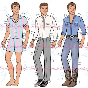 6 druckbare Papierpuppen Ken Dress Up mit Kleidung - Digitales PDF, Ankleidepuppe zum Ausschneiden, Aktivität im Buch, Vorlage für Modemädchen IrenDolls