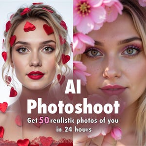 Op de afbeelding: AI-fotoshoot: Krijg 50 realistische foto's van jezelf in 24 uur. Twee afbeeldingen van een vrouw met verschillende achtergronden, een met rode harten en een met roze bloemen.
