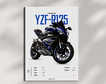 May include: A poster showcasing a blue and black Yamaha YZF-R125 motorcycle. The poster includes specifications like engine capacity, power, torque, and weight. The text "YAMAHA" and "YZF-R125" are displayed in blue.