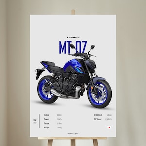 May include: A blue Yamaha MT-07 motorcycle with black accents. The motorcycle has a 650cc engine, 73.4 horsepower, 67 Nm of torque, and weighs 184 kg. The motorcycle has a top speed of 278 km/h and can accelerate from 0 to 100 km/h in 3.43 seconds.